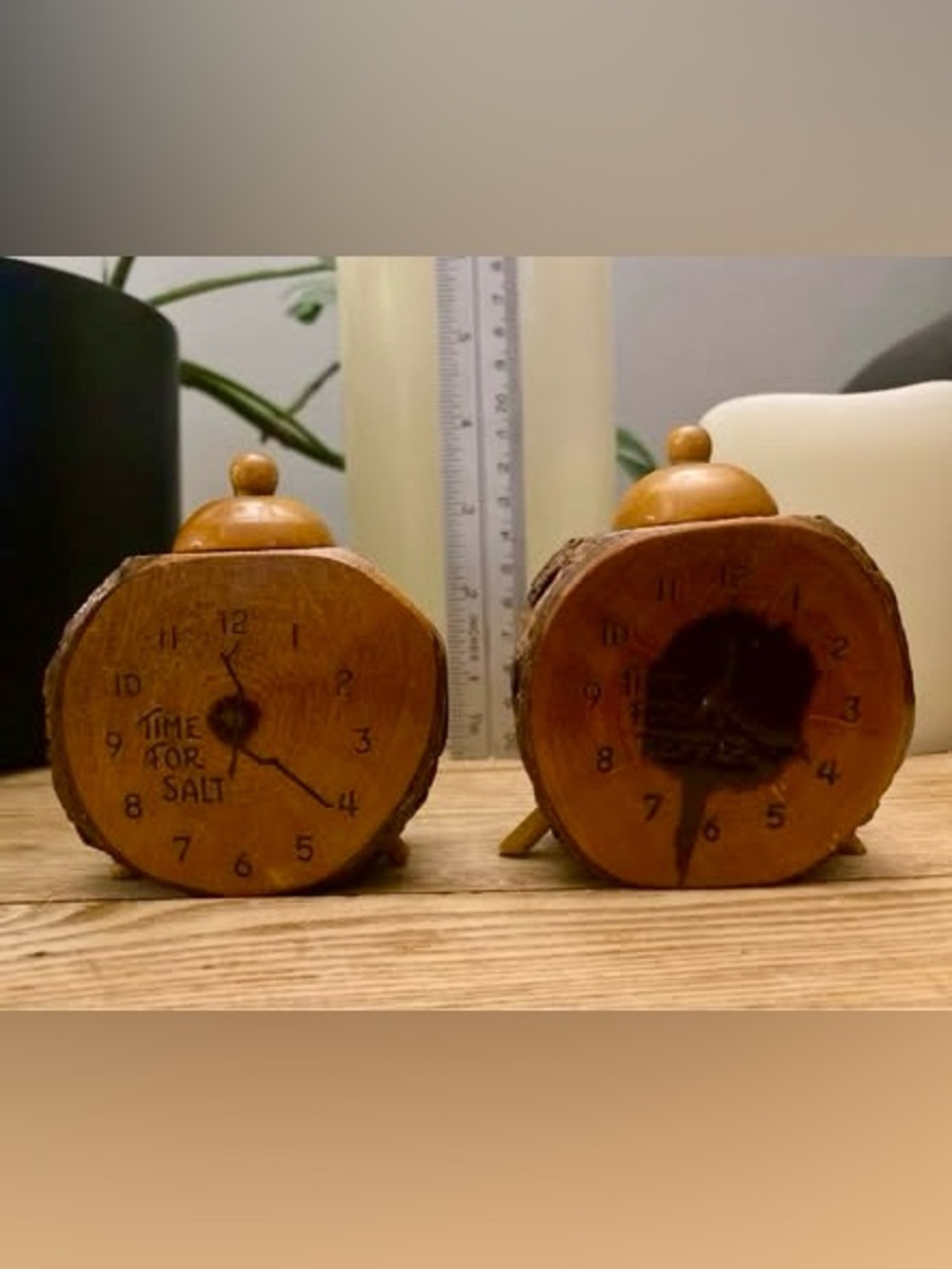 Vintage Handcrafted Natural Log Clock Salt & Pepper Shakers - "Time for Salt"